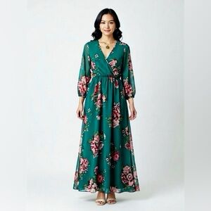 Ricarica Long Maxi Dress Plus‎ 2X Green Floral Romantic V Neck Boho